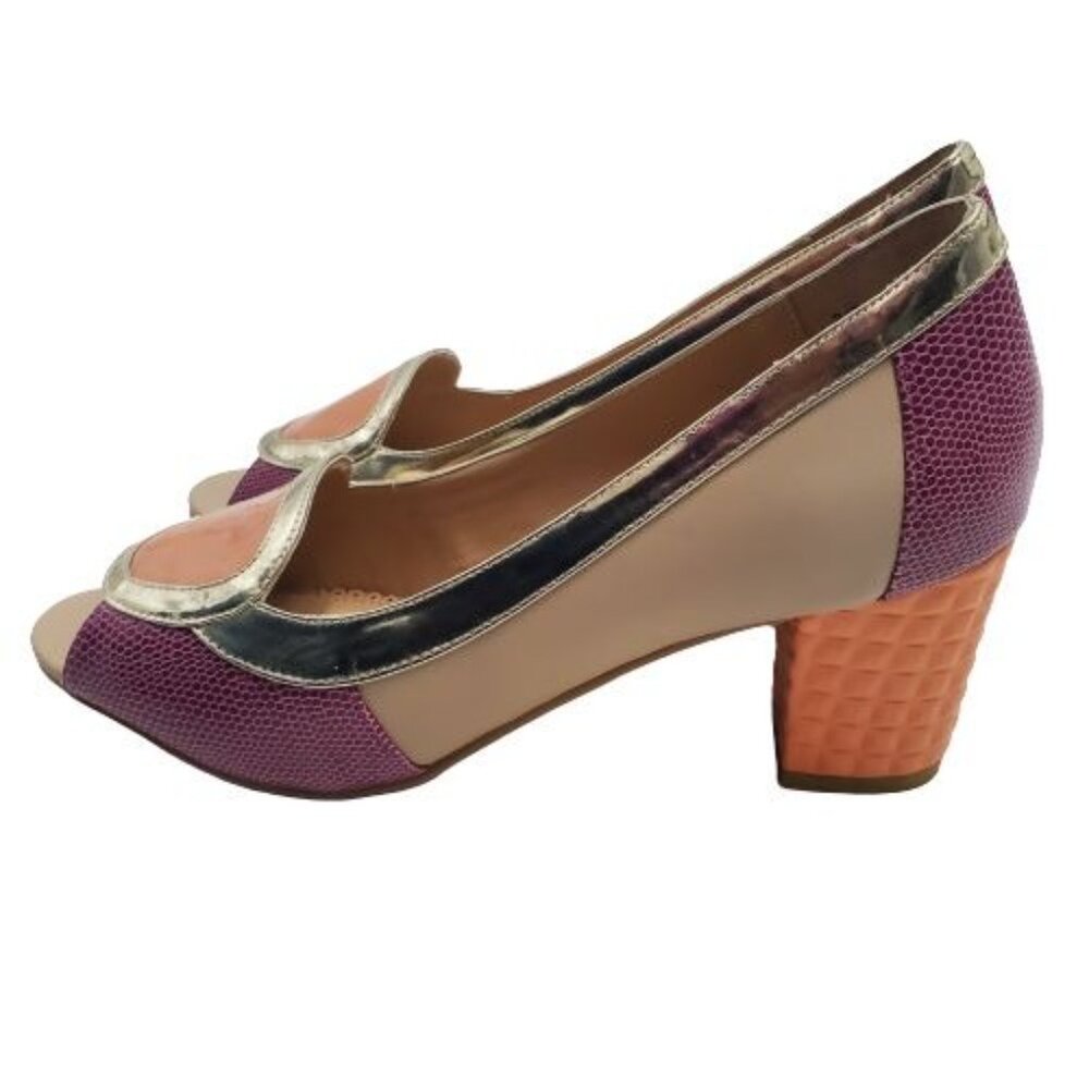 Rara Avis Women's Tan Purple Orange Block Heel Peep Toe Pumps Size 7 M - Picture 4 of 12